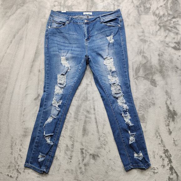 Almost Famous Jeans Womens 18 Blue Ripped Distressed High Rise Skinny Ankle - Picture 1 of 13
